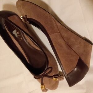RALPH Lauren Suede Wedge Pump Heels Brown Stitched Bow Tassel Loafers Shoe NEW 7
